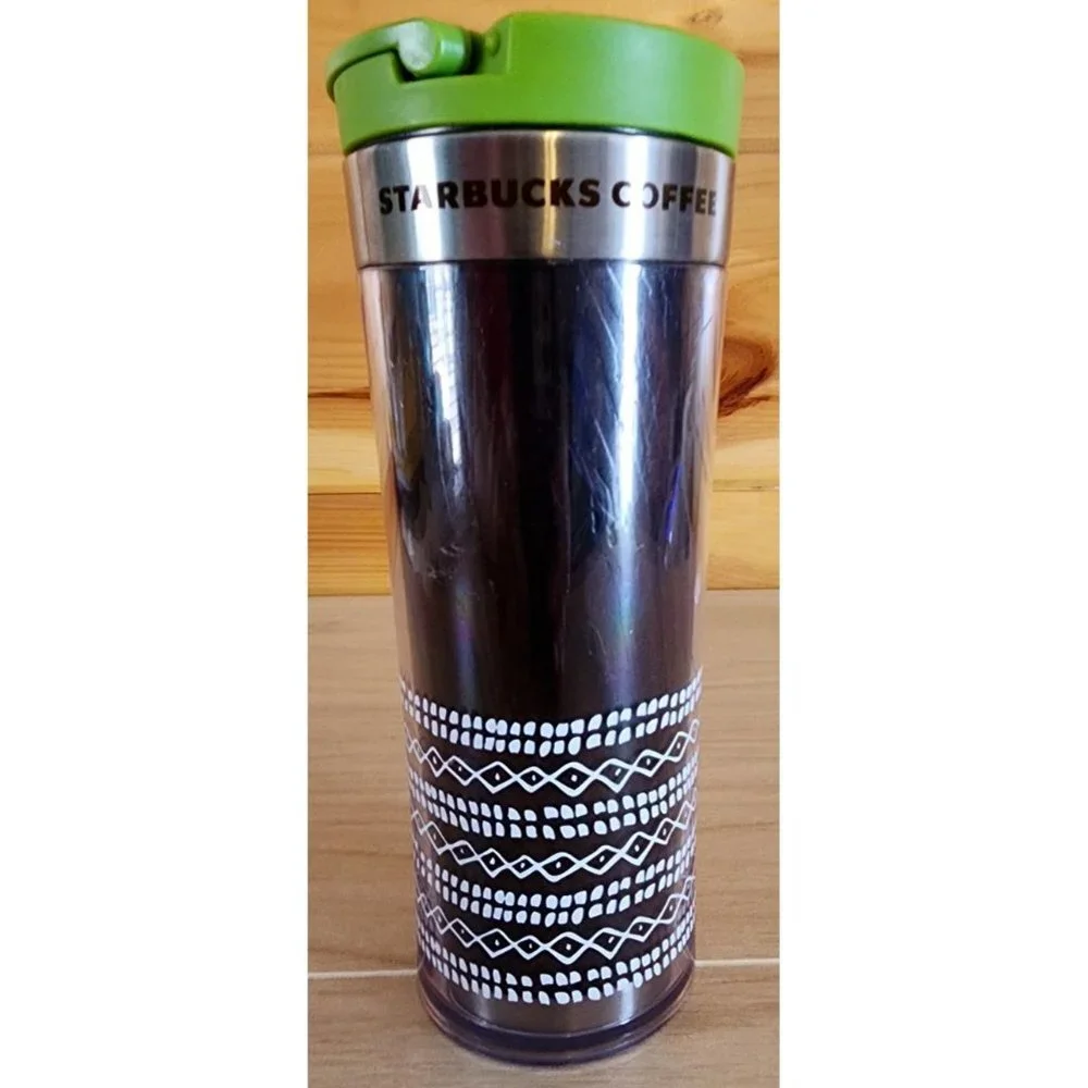 Starbucks Coffee Wood Green Tumbler 12oz Tin Flip Lid Nature Travel Mug 2009